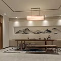 Chinese Style Interior With Landscape Screen Wooden Storage And Seats
