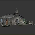 Detailed Miniature Stone Chapel Model With Stone Roof Bell Tower Arched Doorway And Greenery