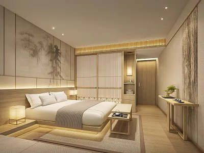 Modern Oriental Hotel Room With Landscape Painting Wooden Furniture And Soft Lighting 3d model
