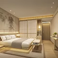 Modern Oriental Hotel Room With Landscape Painting Wooden Furniture And Soft Lighting