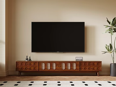 Wooden TV Stand With Decorative Details And Wall Mounted TV In Living Room 3d model