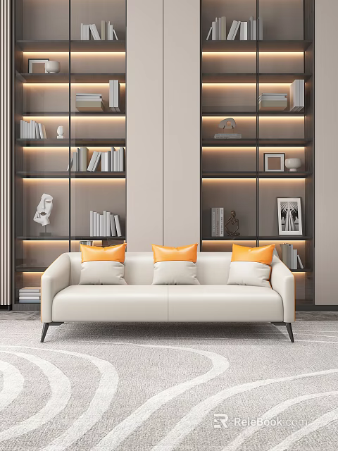 Elegant Light Beige Three Seater Sofa With Orange Cushions Against Bookshelves And Decor 3d model 