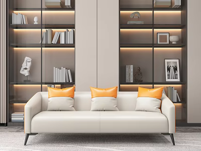 Elegant Light Beige Three Seater Sofa With Orange Cushions Against Bookshelves And Decor 3d model