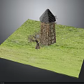 Traditional Red Brick Tower Structure With Pointed Gray Roof And Green Grassy Surroundings