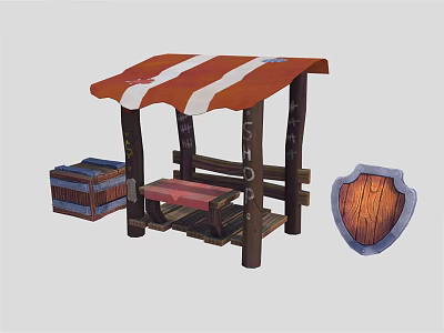 Rustic Wooden Stall With Red White Striped Canopy Crate Bench And Shield Sign 3d model