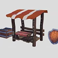 Rustic Wooden Stall With Red White Striped Canopy Crate Bench And Shield Sign
