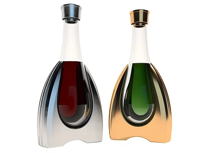 Elegant Silver And Gold Wine Bottles With Red Green Liquid And Modern Metallic Design 3d model