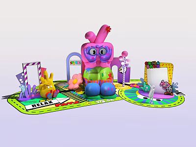 Colorful Cartoon Themed Play Space With Large Pink Rabbit Figure And Yellow Character 3d model