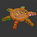 Orange Circular Mechanical Structure With Metal Support Legs And Industrial Gear Design