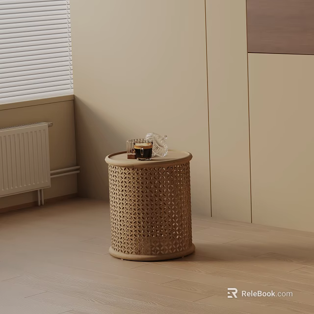 Minimalist Woven Side Table in Living Room Corner Light Brown with Small Items on Top 3d model 