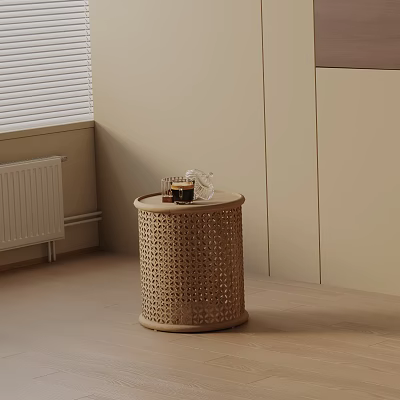Minimalist Woven Side Table in Living Room Corner Light Brown with Small Items on Top 3d model