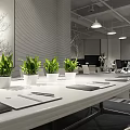 Modern Public Office Space With Workstations Computers Desk Lamps Green Plants And Office Supplies