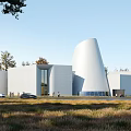 Modern White Sales Office Building With Unique Geometric Design And Tree Surrounded Landscape