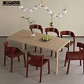 Stylish Light Wood Table And Red Chairs Set With Hanging Pendant Lights And Potted Plant