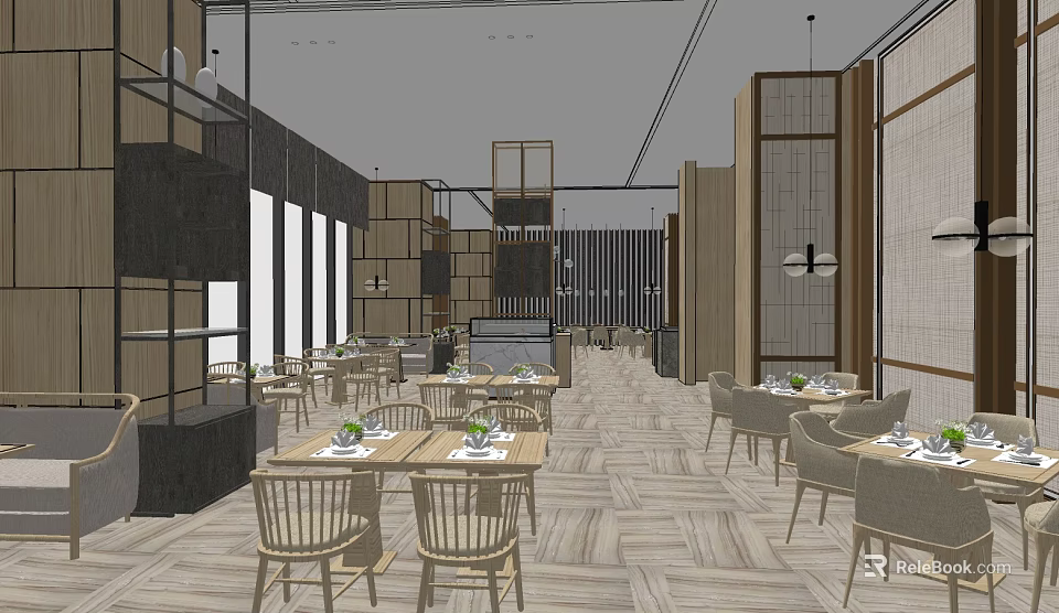 Modern Open Layout Restaurant Interior With Wooden Tables Chairs Partitions And Lighting 3d model 