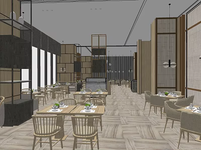 Modern Open Layout Restaurant Interior With Wooden Tables Chairs Partitions And Lighting 3d model