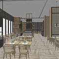 Modern Open Layout Restaurant Interior With Wooden Tables Chairs Partitions And Lighting