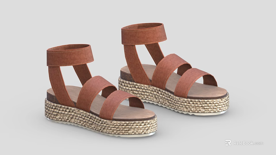 Brown Platform Sandals With Ankle Strap And Crisscross Woven Straps 3d model 