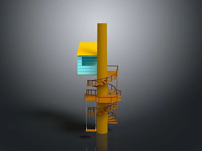 Modern Architectural Structure With Yellow Column Blue Small House And Spiral Staircase 3d model