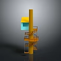 Modern Architectural Structure With Yellow Column Blue Small House And Spiral Staircase