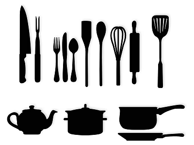 Essential Kitchen Utensils Including Knives Forks Spoons Whisk Rolling Pin Slotted Spoon Teapot And Cookware 3d model