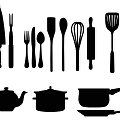 Essential Kitchen Utensils Including Knives Forks Spoons Whisk Rolling Pin Slotted Spoon Teapot And Cookware