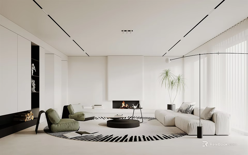 Modern Living Room Interior With White Sofa Green Chairs Fireplace And Striped Rug 3d model 