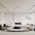 Modern Living Room Interior With White Sofa Green Chairs Fireplace And Striped Rug