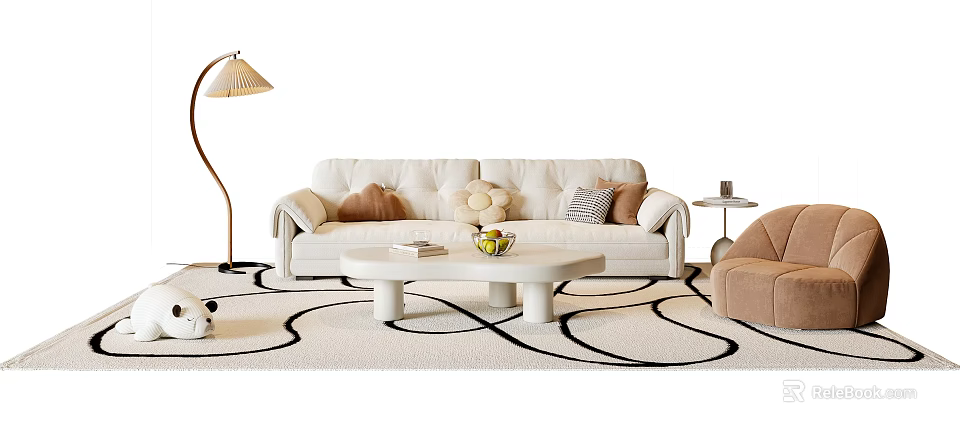 Modern Cozy Living Room Sofa Coffee Table Set With Pillows Floor Lamp And Patterned Rug 3d model 