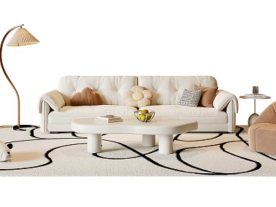 Modern Cozy Living Room Sofa Coffee Table Set With Pillows Floor Lamp And Patterned Rug 3d model