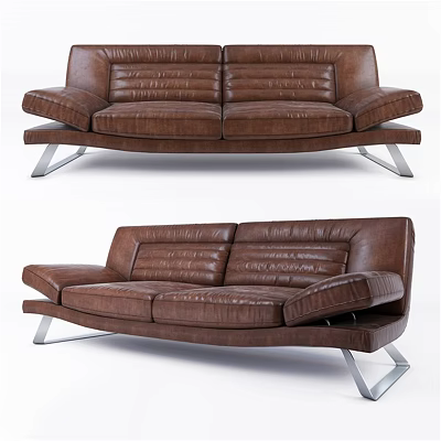 Brown Leather Two Seater Sofa With Modern Design And Silver Metal Legs 3d model