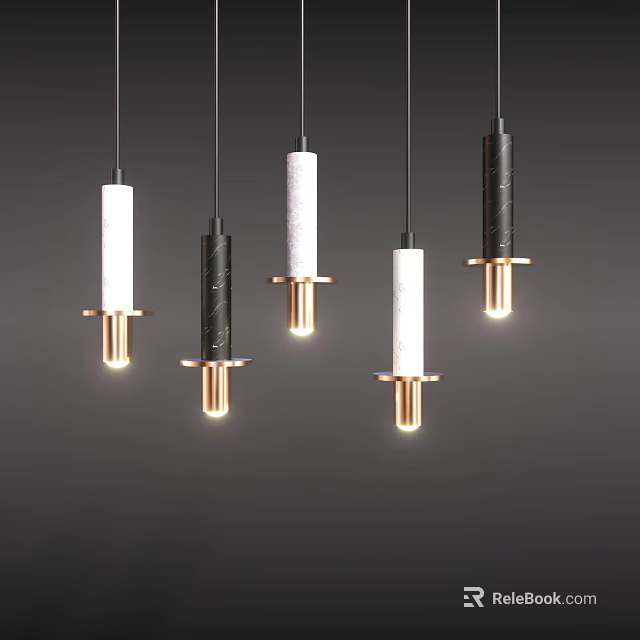 Multiple Modern Hanging Pendant Lights With Cylindrical White Black Shades And Gold Bases 3d model 