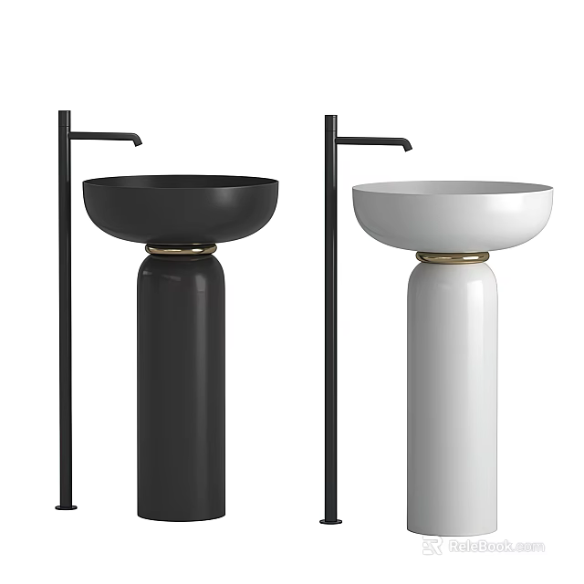Two Black and White Pedestal Washbasins with Black Faucets and Gold Base Accents 3d model 