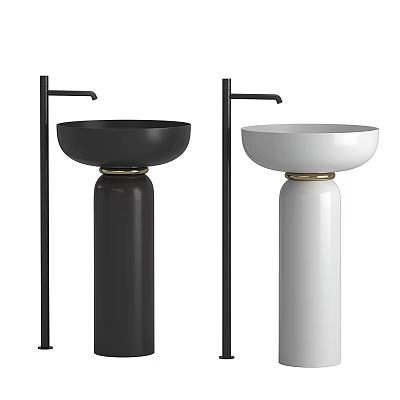 Two Black and White Pedestal Washbasins with Black Faucets and Gold Base Accents 3d model