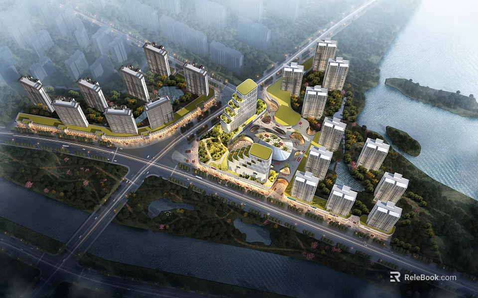 Urban Aerial Planning of Residential Commercial District with High Rise Buildings Central Greenery and Waterfront 3d model 