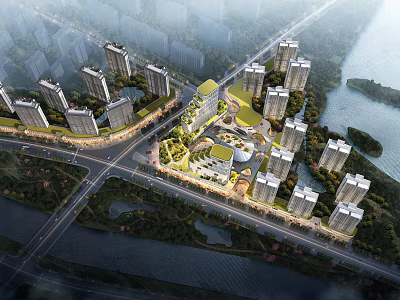 Urban Aerial Planning of Residential Commercial District with High Rise Buildings Central Greenery and Waterfront 3d model