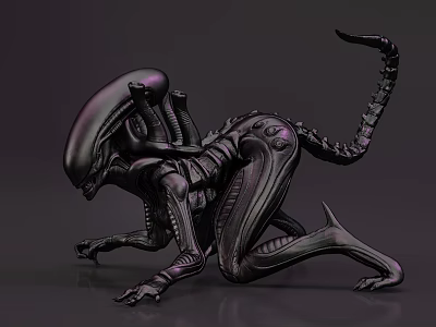 Alien Sci Fi Game Movie Character Design with Black Exoskeleton Long Tail and Crouching Pose 3d model
