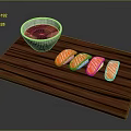 Four Pieces of Fresh Salmon Sushi on Wooden Board with Soy Sauce