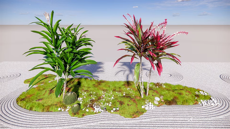 Ground Cover Garden With Green Plants Red Foliage Small Cacti And White Flowers 3d model 