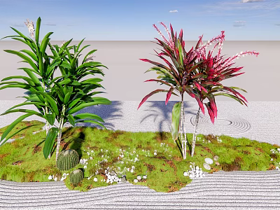 Ground Cover Garden With Green Plants Red Foliage Small Cacti And White Flowers 3d model