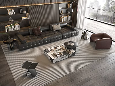 Modern Black Leather Sofa Coffee Table With Bookshelves Floor Lamp Brown Armchair And Striped Rug 3d model