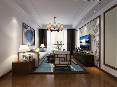 Elegant Modern Living Room Interior Design With Sofa Coffee Table TV And Chandelier 3d model