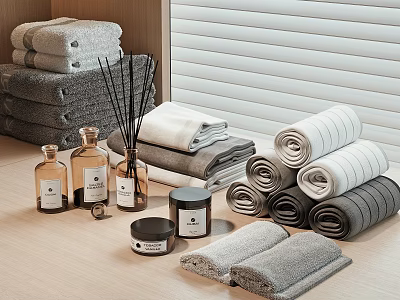 Soft Cozy White And Gray Towels Folded And Rolled With Scented Candles And Diffusers 3d model
