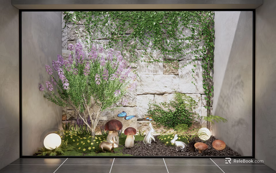 Courtyard Garden With Stone Wall Covered In Ivy Purple Flowers And Decorative Ornaments 3d model 