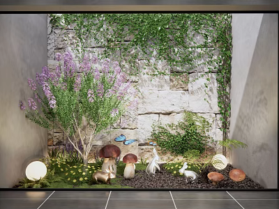 Courtyard Garden With Stone Wall Covered In Ivy Purple Flowers And Decorative Ornaments 3d model