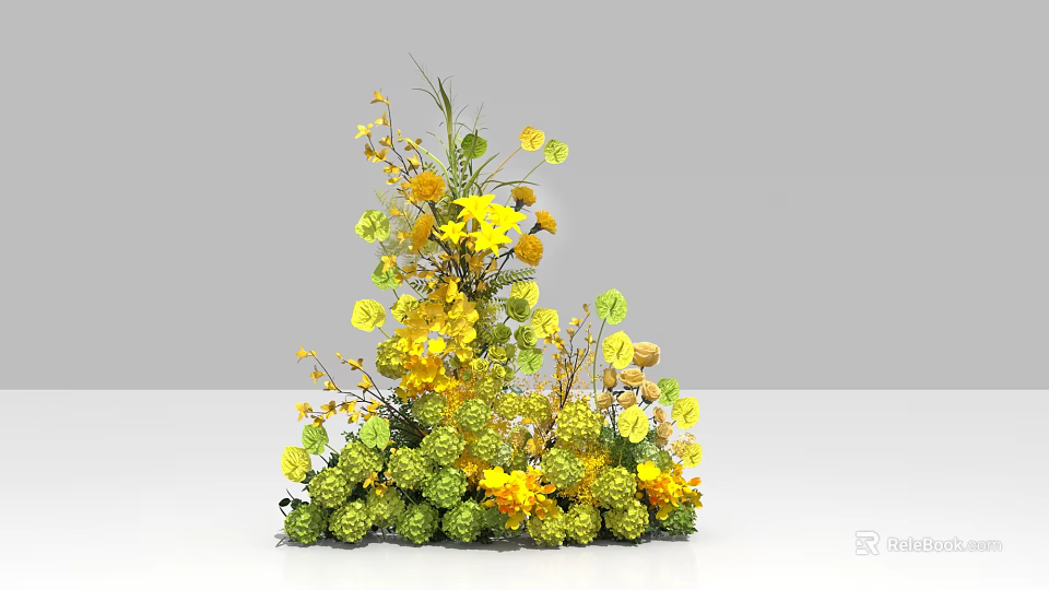 Elegant Floral Display with Yellow Flowers Green Leaves and Spherical Decorations 3d model 