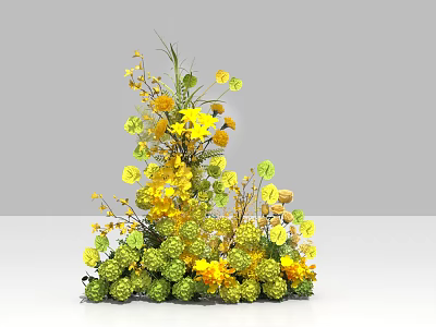 Elegant Floral Display with Yellow Flowers Green Leaves and Spherical Decorations 3d model