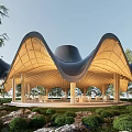 Modern Garden Landscape Featuring Wavy Roof Wooden Pavilion With Greenery And Stones