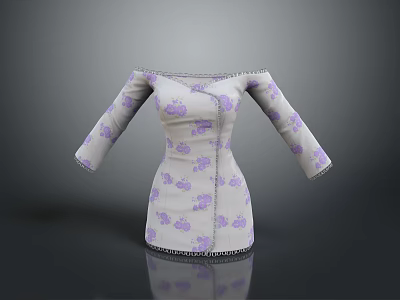 Light Gray Off The Shoulder Dress With Purple Floral Patterns Long Sleeves And Lace Trim 3d model