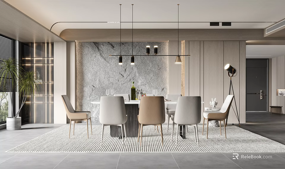 Modern Restaurant Interior With Dining Table Chairs Pendant Lights Marble Accent Wall And Decorative Rug 3d model 